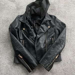 Black BlankNYC leather moto jacket with removable hood